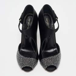 Pre Owned Sergio Rossi Black Satin Crystal Embellished Peep Toe D'orsay Pumps Size 38