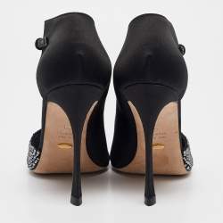 Pre Owned Sergio Rossi Black Satin Crystal Embellished Peep Toe D'orsay Pumps Size 38