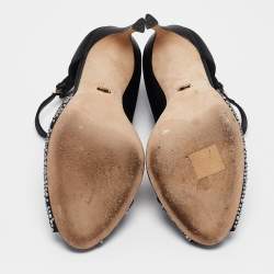 Pre Owned Sergio Rossi Black Satin Crystal Embellished Peep Toe D'orsay Pumps Size 38