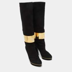 Sergio Rossi Black Suede Metal Cuff Platform Knee Length Boots Size 34.5