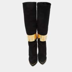 Sergio Rossi Black Suede Metal Cuff Platform Knee Length Boots Size 34.5