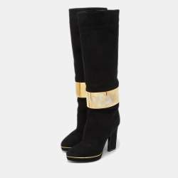 Sergio Rossi Black Suede Metal Cuff Platform Knee Length Boots Size 34.5