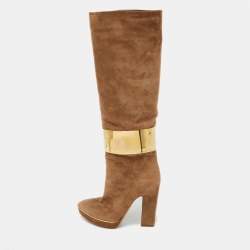 Sergio Rossi Light Brown Suede Metal Cuff Platform Knee Length Boots Size 36