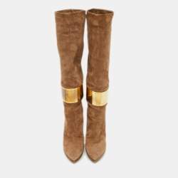 Sergio Rossi Light Brown Suede Metal Cuff Platform Knee Length Boots Size 36