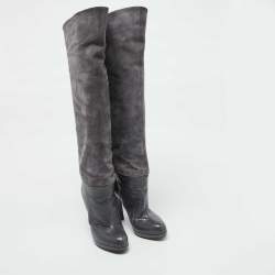 Sergio Rossi Grey Suede and Snakeskin Thigh High Boots Size 35