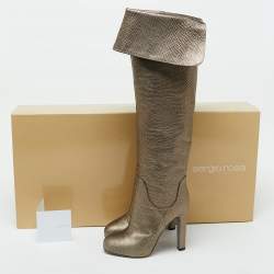 Sergio Rossi Brown Karung Leather Platform Over The Knee Boots Size 35