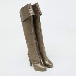 Sergio Rossi Brown Karung Leather Platform Over The Knee Boots Size 35