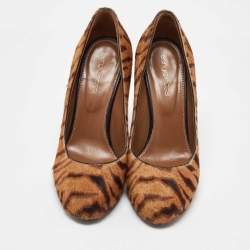 Sergio Rossi Brown Tiger Stripes Print Calf Hair Platform Pumps Size 36.5