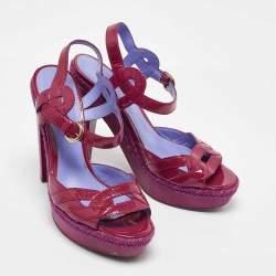 Sergio Rossi Pink Patent Leather Wooden Platform Ankle Strap Sandals Size 39