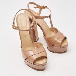 Pre Owned Sergio Rossi Beige Patent Leather Platform Ankle Strap Sandals Size 37.5