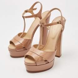 Pre Owned Sergio Rossi Beige Patent Leather Platform Ankle Strap Sandals Size 37.5