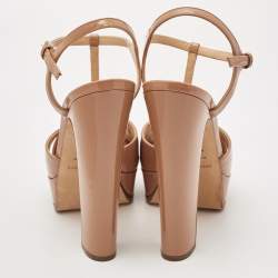 Pre Owned Sergio Rossi Beige Patent Leather Platform Ankle Strap Sandals Size 37.5