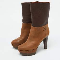 Pre Owned Sergio Rossi Brown Leather Platform Mid Calf Boots Size 35
