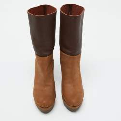 Pre Owned Sergio Rossi Brown Leather Platform Mid Calf Boots Size 35