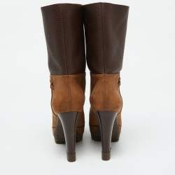 Pre Owned Sergio Rossi Brown Leather Platform Mid Calf Boots Size 35