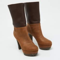 Pre Owned Sergio Rossi Brown Leather Platform Mid Calf Boots Size 35