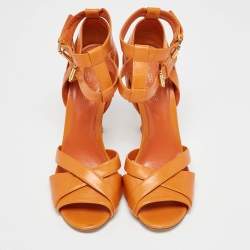 Sergio Rossi Orange Leather Ankle Strap Sandals Size 38