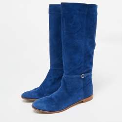 Pre Owned Sergio Rossi Blue Suede Knee Length Boots Size 37.5