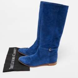 Pre Owned Sergio Rossi Blue Suede Knee Length Boots Size 37.5