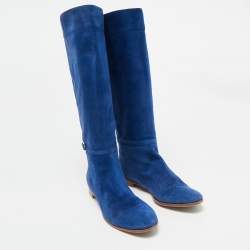 Pre Owned Sergio Rossi Blue Suede Knee Length Boots Size 37.5