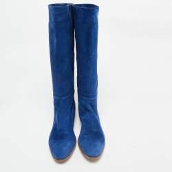 Pre Owned Sergio Rossi Blue Suede Knee Length Boots Size 37.5