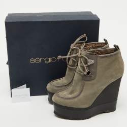 Sergio Rossi Grey Nubuck Leather Woolen Wedge Ankle Boots Size 38