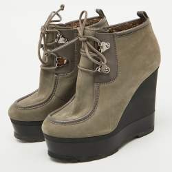 Sergio Rossi Grey Nubuck Leather Woolen Wedge Ankle Boots Size 38