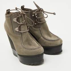 Sergio Rossi Grey Nubuck Leather Woolen Wedge Ankle Boots Size 38