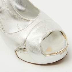 Pre Owned Sergio Rossi Silver Leather Slingback Platform Sandals Size 37