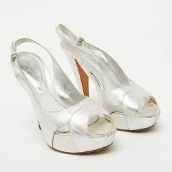Pre Owned Sergio Rossi Silver Leather Slingback Platform Sandals Size 37