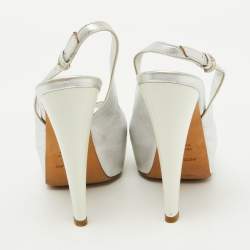Pre Owned Sergio Rossi Silver Leather Slingback Platform Sandals Size 37