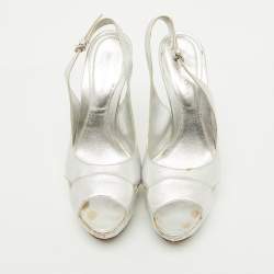 Pre Owned Sergio Rossi Silver Leather Slingback Platform Sandals Size 37