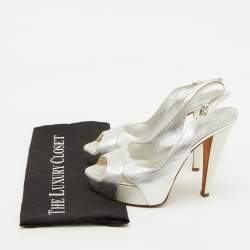 Pre Owned Sergio Rossi Silver Leather Slingback Platform Sandals Size 37