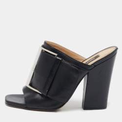 Sergio Rossi Black Leather Buckle Slide Sandals Size 37