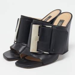 Sergio Rossi Black Leather Buckle Slide Sandals Size 37