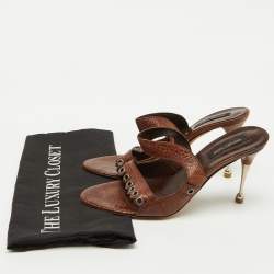 Sergio Rossi Brown Croc Embossed Leather Slide Sandals Size 39