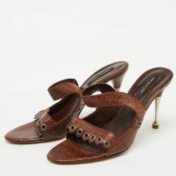 Sergio Rossi Brown Croc Embossed Leather Slide Sandals Size 39