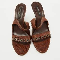 Sergio Rossi Brown Croc Embossed Leather Slide Sandals Size 39