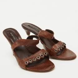 Sergio Rossi Brown Croc Embossed Leather Slide Sandals Size 39