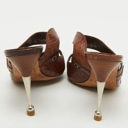 Sergio Rossi Brown Croc Embossed Leather Slide Sandals Size 39