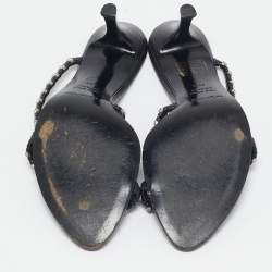 Pre Owned Sergio Rossi Black Leather Crystal Embellished Slide Sandals Size 38.5