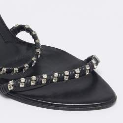 Pre Owned Sergio Rossi Black Leather Crystal Embellished Slide Sandals Size 38.5