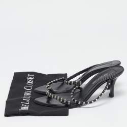 Pre Owned Sergio Rossi Black Leather Crystal Embellished Slide Sandals Size 38.5