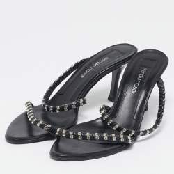 Pre Owned Sergio Rossi Black Leather Crystal Embellished Slide Sandals Size 38.5