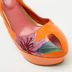 Sergio Rossi Orange Leather Floral Print Peep Toe Platform Slingback Sandals Size 40