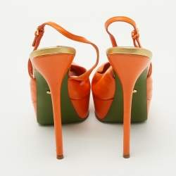Sergio Rossi Orange Leather Floral Print Peep Toe Platform Slingback Sandals Size 40