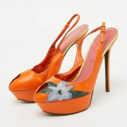 Sergio Rossi Orange Leather Floral Print Peep Toe Platform Slingback Sandals Size 40