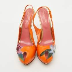 Sergio Rossi Orange Leather Floral Print Peep Toe Platform Slingback Sandals Size 40