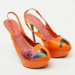 Sergio Rossi Orange Leather Floral Print Peep Toe Platform Slingback Sandals Size 40