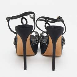 Sergio Rossi Black Satin Crystal Embellished Strappy Platform Sandals Size 37.5